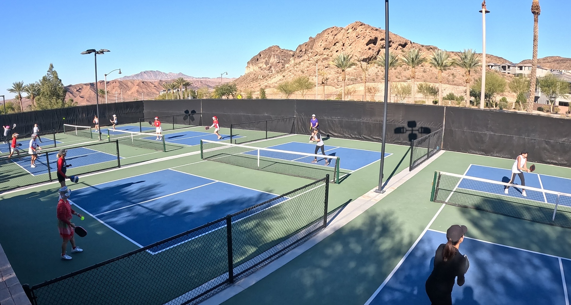 Professional pickleball coaching session on a sunlit court